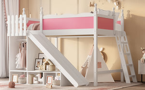 English Elm Twin Loft Bed Solid Pine Frame with Wardrobe Shelving Detachable Slide Kids Room W5305S00021