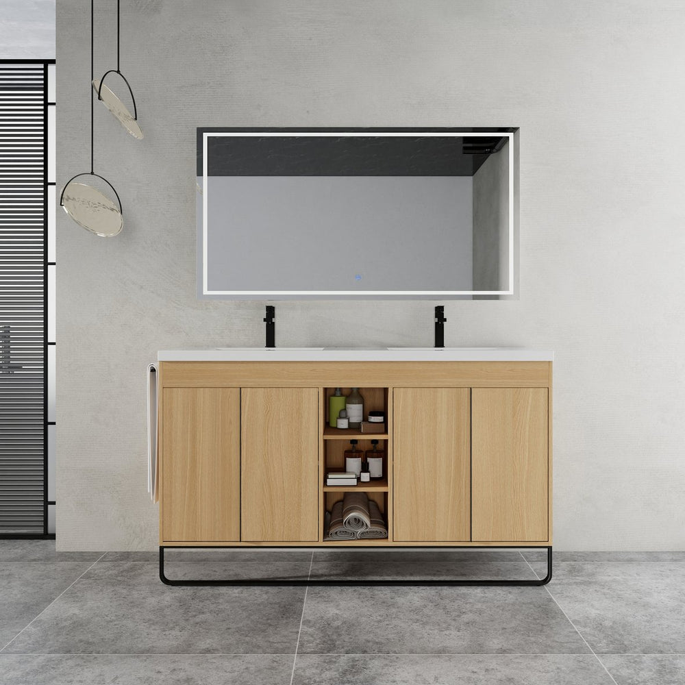 English Elm 60" Freestanding Bathroom Vanity with Dual Resin Sink, 4 Soft-Close Doors, 3 Open Shelves & Towel Hanger, Plywood Storage Boxes, Modern Durable Hardware W999S00480