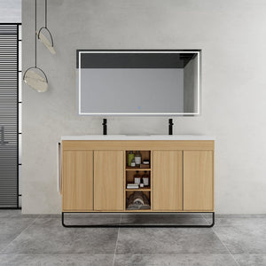 English Elm 60" Freestanding Bathroom Vanity with Dual Resin Sink, 4 Soft-Close Doors, 3 Open Shelves & Towel Hanger, Plywood Storage Boxes, Modern Durable Hardware W999S00480
