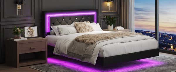 English Elm Queen Platform Bed Pu Leather Tufted Headboard Rgb Led Floating Frame Modern W3107P419201