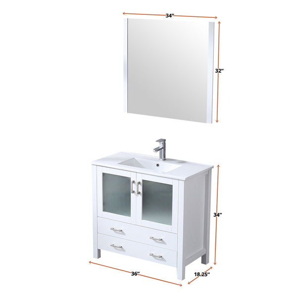 English Elm White 36 in. Bathroom Vanity with Scratch-Resistant White Ceramic Top, Chrome Faucet & 34" Mirror B2731S01288