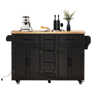 English Elm K&K 56.5" Kitchen Island with Drop Leaf, Embossed Vertical Stripe Barn Doors, Wheels & Charging Hub Black N707P263094B