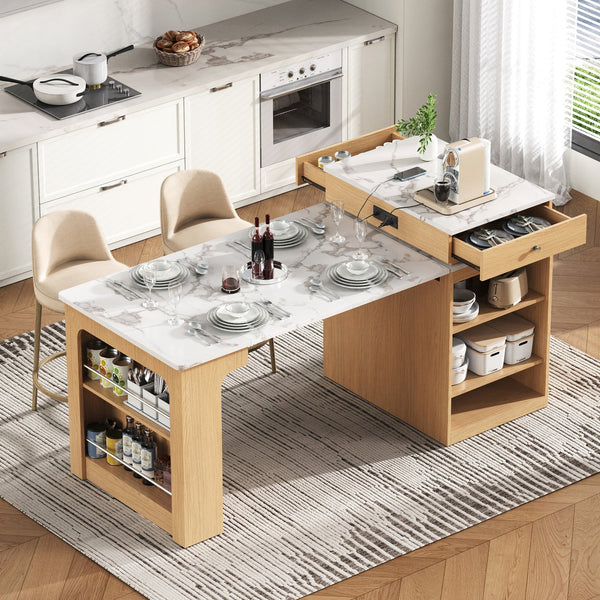 English Elm K&K Modern Extendable 59.5" Kitchen Island with Double-Sided Storage, Power Outlet & Casters Natural N707S000017Y
