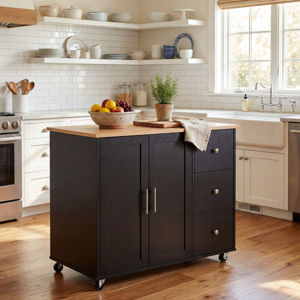 English Elm Mobile Rolling Kitchen Island with 3 Drawers Matte Black Cabinet and Natural Wood Top N779P373196B