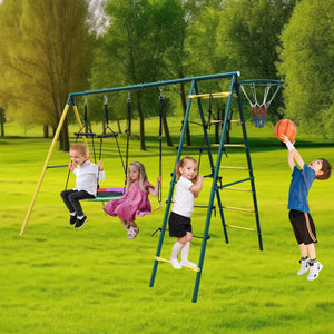 English Elm 4 in 1 Kids Outdoor Swing Set Steel A-frame with Climbing Net and Basketball Hoop W1408P169751