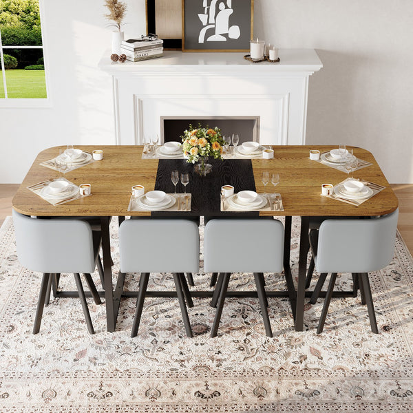 English Elm 9-piece Square Dining Set Two-tone Wood Grain Table with Gray Pu Leather Chairs W3875S00138