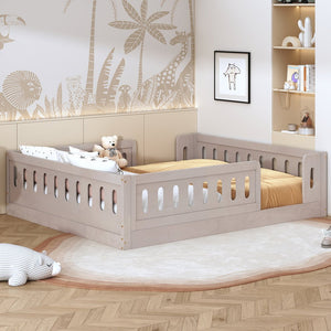 English Elm Wood Full Size Kids Platform Bed Solid Pine Guardrail Low Profile Safe Sleep Frame Natural N709P321458N