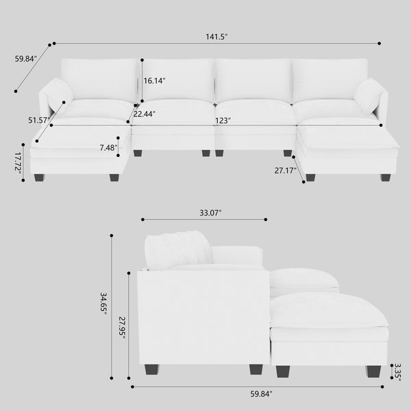 English Elm 141.5'' Large U-Shaped 6-Seater Sofa Couch With Movable Ottoman & Armrest Pockets For Modern Living W680S00041