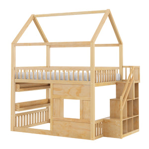 English Elm Full Size Solid Wood House Bed with Led Shelf Lighting for Kids Bedroom Natural N7500005026N