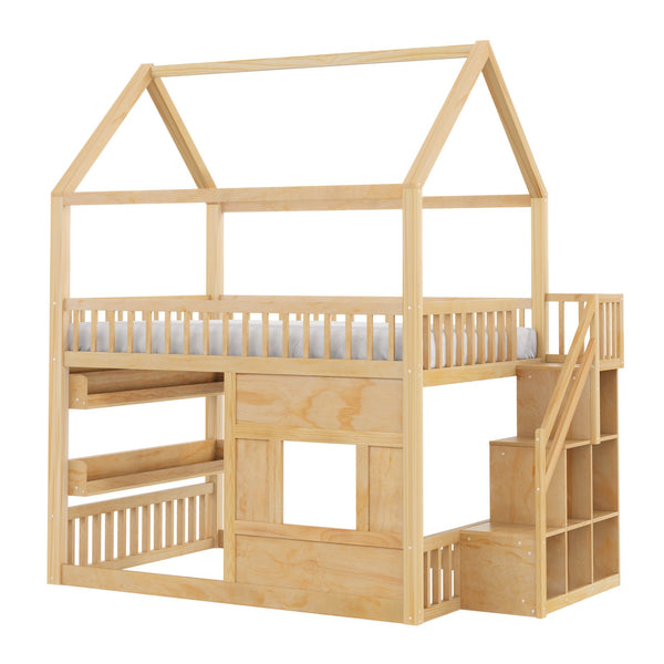 English Elm Full Size Solid Wood House Bed with Led Shelf Lighting for Kids Bedroom Natural N7500005026N