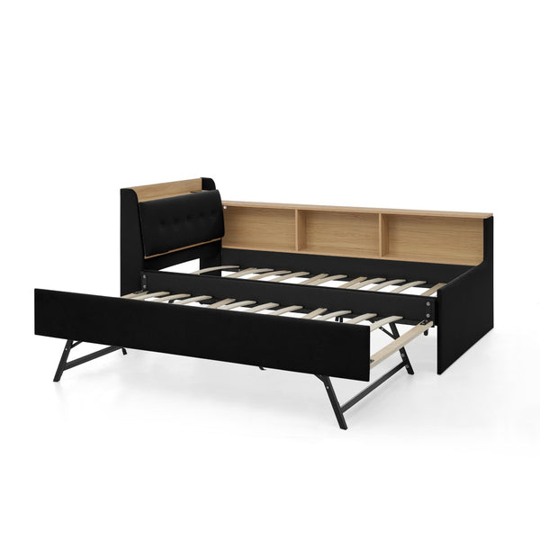 English Elm Twin Size Velvet Daybed With Adjustable Height Headboard, Storage, Trundle & Led Lights - Black W1413S00112-GIGA