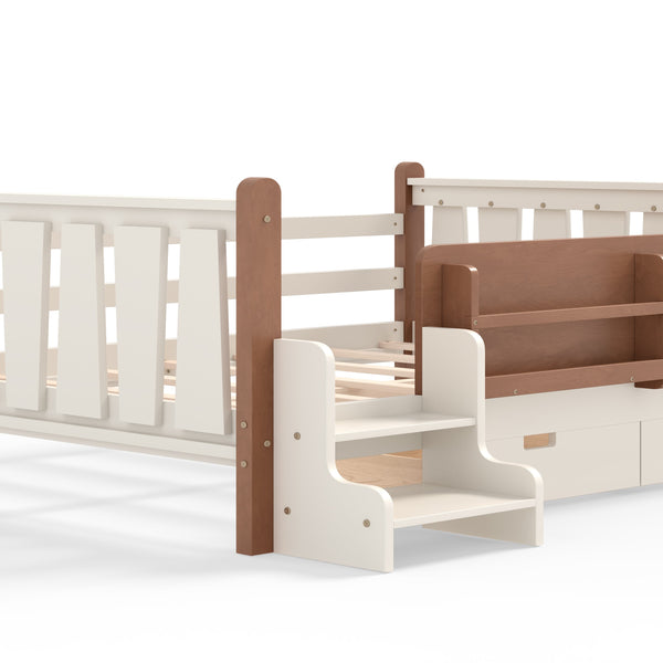 English Elm Twin Kids Platform Bed with Trundle Staircase Bookshelf and Rounded Safety Rails Beige W1580S00539