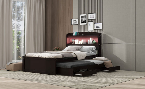 English Elm Twin XL Platform Bed with LED Headboard, Built-In Charging Station, Trundle & 2 Drawers for Space-Saving Bedrooms Dark Brown GX001829AAP