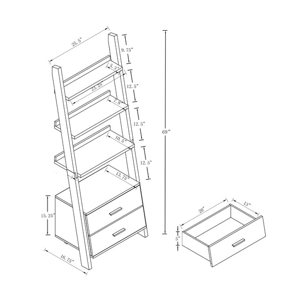 English Elm Two drawer ladder bookcase with two-tone distressed grey & black, 4 shelves, 2 drawers, aluminum bar handles, leaning design stability B107P295241