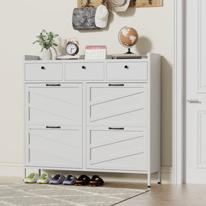 English Elm Metal Powder Coated Steel Shoe Cabinet Slim Entryway Organizer with Seven Drawers White T2398P413026