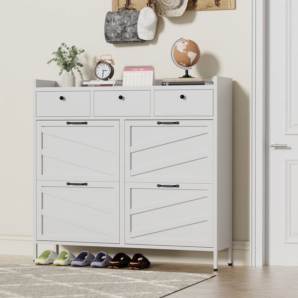 English Elm Metal Powder Coated Steel Shoe Cabinet Slim Entryway Organizer with Seven Drawers White T2398P413026