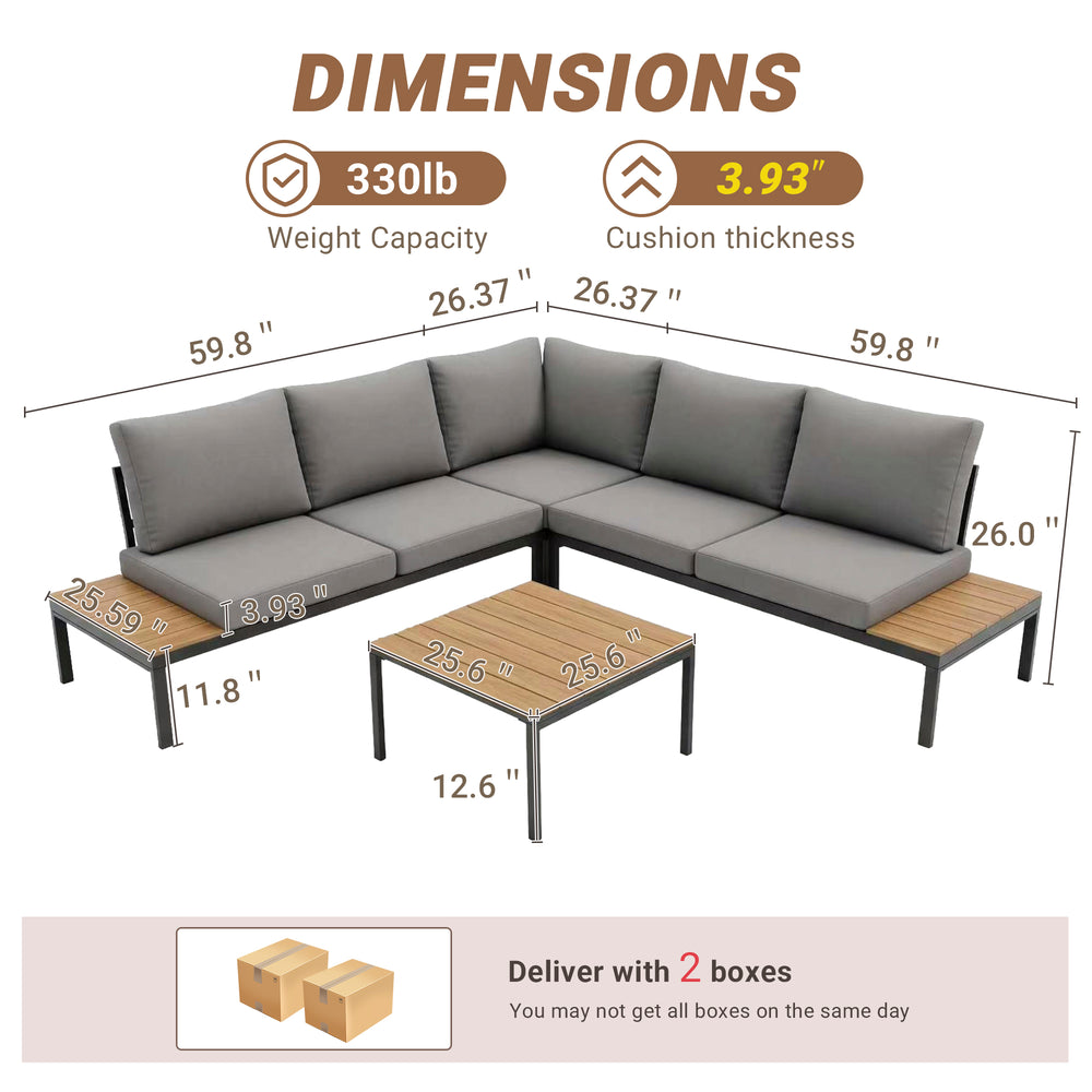 English Elm Outdoor 4 Piece Rattan Sectional Sofa Set with Tempered Glass Coffee Table Light Gray W874S00087