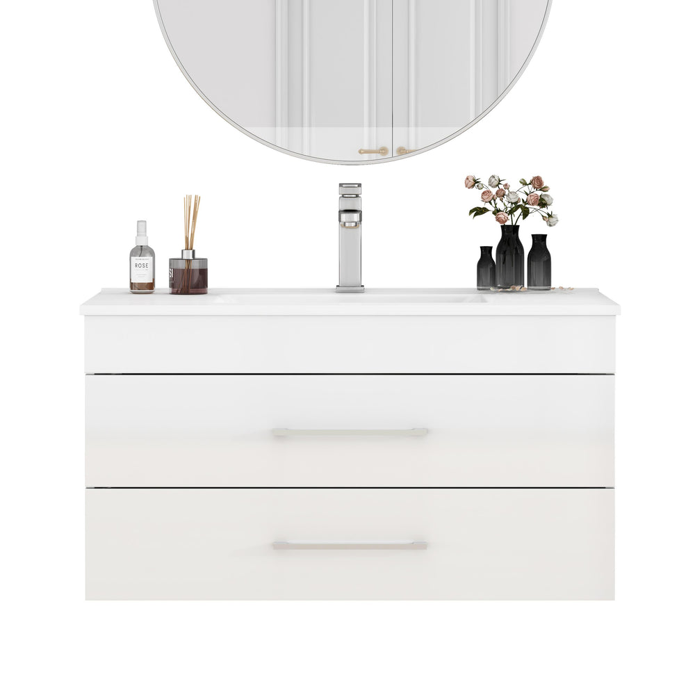 English Elm 36-Inch Modern Wall-Mounted Bathroom Vanity With Soft-Close Drawers & Glossy White Ceramic Sink W3151S00050