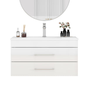 English Elm 36-Inch Modern Wall-Mounted Bathroom Vanity With Soft-Close Drawers & Glossy White Ceramic Sink W3151S00050