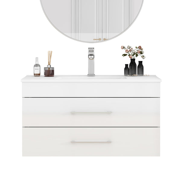 English Elm 36-Inch Modern Wall-Mounted Bathroom Vanity With Soft-Close Drawers & Glossy White Ceramic Sink W3151S00050
