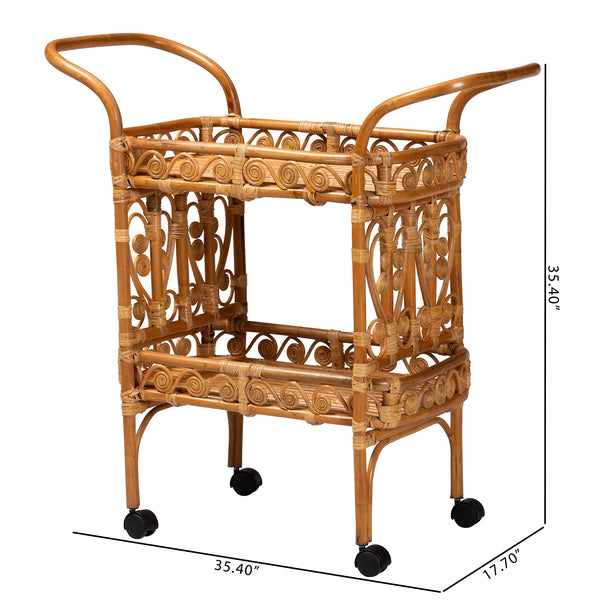English Elm Modern Rattan Kitchen Cart with Slatted Shelves Bohemian Woven Storage on Wheels B2750P467708