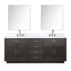 English Elm Brown Oak Double Bath Vanity Set With Carrara Marble Top, Dual Sinks, Chrome Faucets & Mirrors B2731S01805