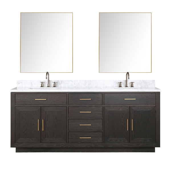 English Elm Brown Oak Double Bath Vanity Set With Carrara Marble Top, Dual Sinks, Chrome Faucets & Mirrors B2731S01805