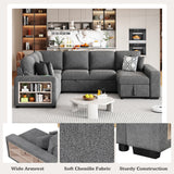 English Elm 109" U-Shaped Sectional Sofa Pull-Out Sofa Bed With Two Usb Ports, A Storage Chaise Lounge and Four Back Pillows For Living Room, Grey