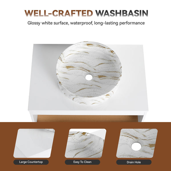 English Elm 30" Floating Wall Mount Bathroom Vanity Open Shelf Ceramic Vessel Sink Modern White Gold+White,White + Light Oak W3450S00058