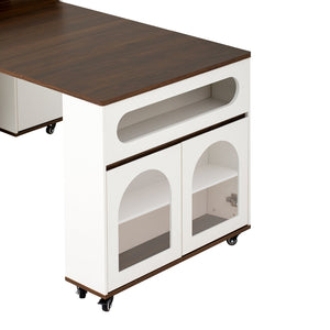 English Elm Trexm Rolling Kitchen Island Extendable Marble Top Cabinet Drawers Power Outlet Creamy White,Walnut XW000029AAD