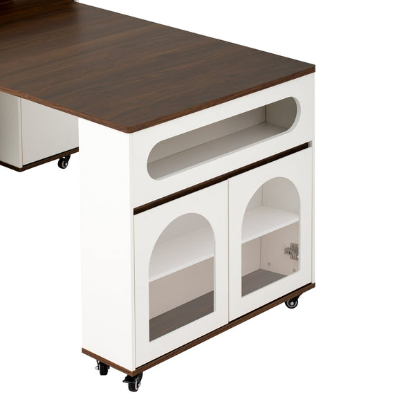 English Elm Trexm Rolling Kitchen Island Extendable Marble Top Cabinet Drawers Power Outlet Creamy White,Walnut XW000029AAD