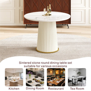 English Elm Modern 35.43 Inch Round Dining Table with Glossy Sintered Stone Top, Pleated PU Leather Iron Pedestal, Adjustable Feet for Stable Elegant White W3456S00055
