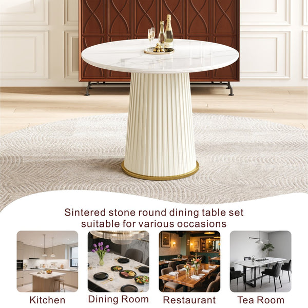 English Elm Modern 35.43 Inch Round Dining Table with Glossy Sintered Stone Top, Pleated PU Leather Iron Pedestal, Adjustable Feet for Stable Elegant White W3456S00055