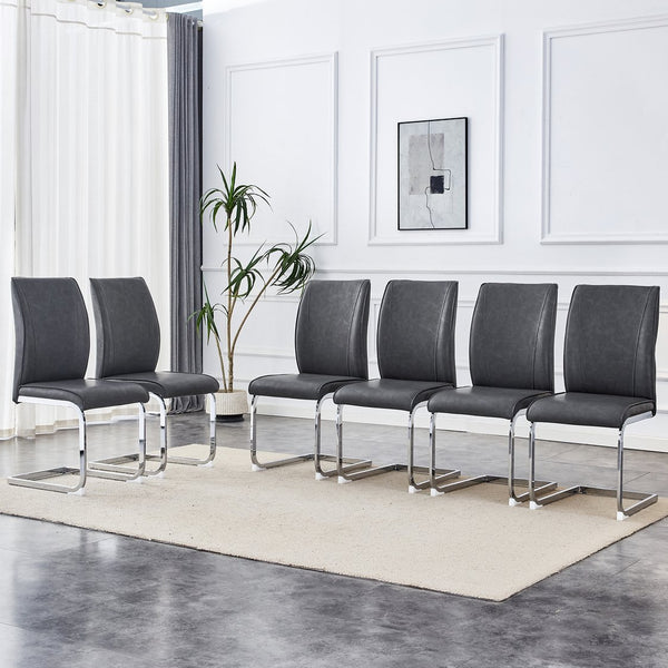 English Elm Luxury Simple Arch Chair Set Of 6 - Dark Gray Pu Upholstery With Arched Silver Legs For Modern Dining W1151S03003