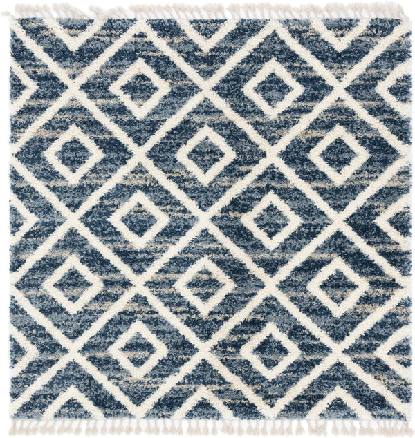 Unique Loom Hygge Shag Diamond Machine Made Geometric Rug Blue, Beige/Ivory 8' 0" x 8' 0"
