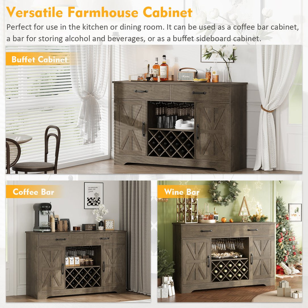 English Elm Coffee Bar Buffet Sideboard with Wine Rack Stemware Holder and Drawers in Oak Gray T3773P417369