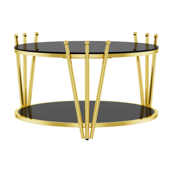 English Elm 31.5inch Modern Luxury Gold Coffee Table with Two-Tier Storage, Tempered Glass Top, Elegant Crown Design Black W1550P171454