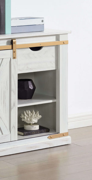 English Elm Rustic Glam Barnwood Coffee Table with Dual-Sided Center Drawer, Open Shelves & Metal Trim Accents Antique White,Gold 39 L x 18 W x 33 H B2741P320886