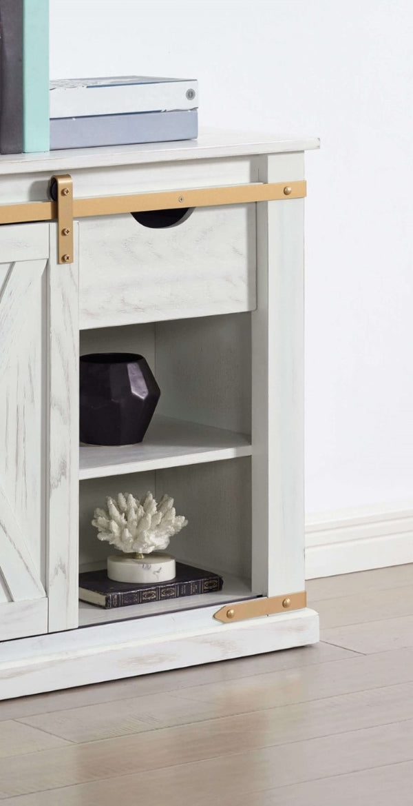 English Elm Rustic Glam Barnwood Coffee Table with Dual-Sided Center Drawer, Open Shelves & Metal Trim Accents Antique White,Gold 39 L x 18 W x 33 H B2741P320886