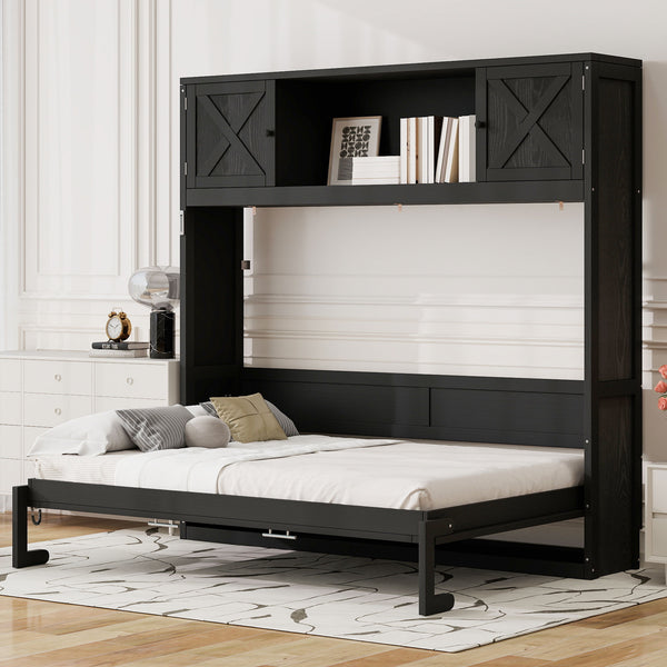 English Elm Full Murphy Bed with Storage Cabinets and Shelves, Space-Saving Wooden Wall Bed with 600lb Capacity Black N7090004009B