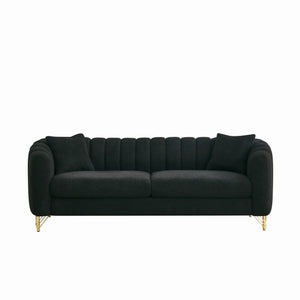 English Elm 85" Oversized Chenille Sofa Luxury 3-Seater Deep Tufted Couch with Gold Metal Legs and Pillows Black W3373S00035