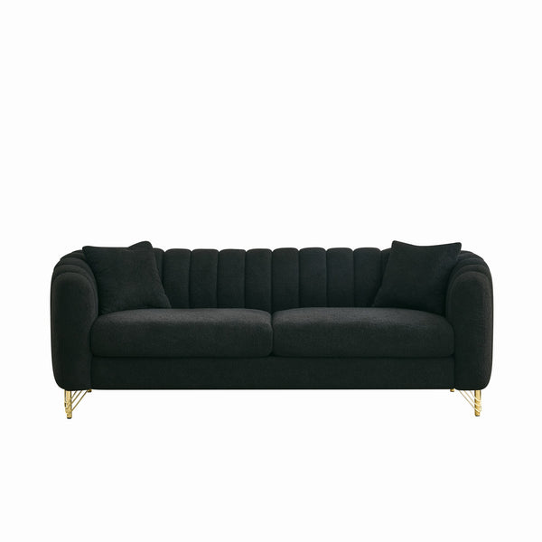English Elm 85" Oversized Chenille Sofa Luxury 3-Seater Deep Tufted Couch with Gold Metal Legs and Pillows Black W3373S00035