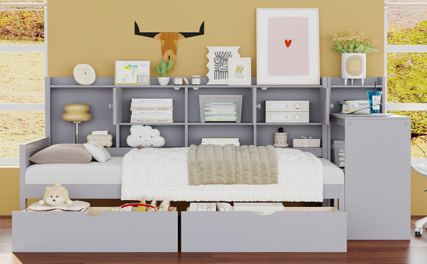 English Elm Twin L-Shape Daybed with Storage, 3 Cabinets & 2 Drawers, Built-In Desk Bookshelf, Gray Twin N733S247070E