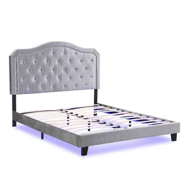 English Elm Upholstered Queen Platform Bed Grey Velvet Tufted Curved Headboard with Led Lighting W311P228694