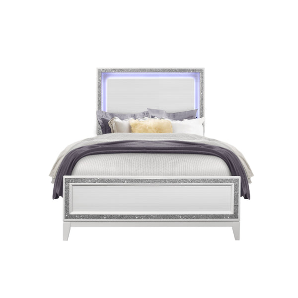 English Elm ALMERA Glam Transitional Full Bed with Crushed Crystal Trim, Solid Wood + MDF Construction, Elegant Finish White 79 L x 8 W x 3 H B201S00101