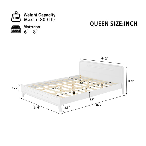 English Elm Pine Solid Wood Queen Platform Bed Matte Finish Tall Headboard No Box Spring White N770PQ291030K