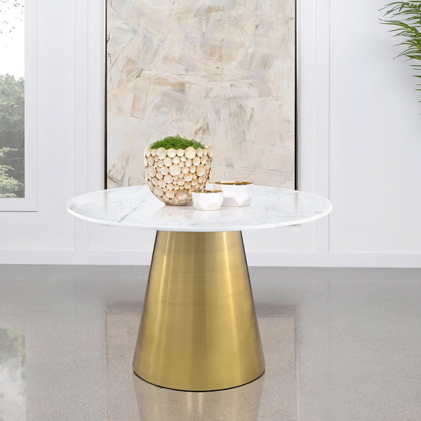 English Elm Earline Round Marble Dining Table with Sculptural Brushed Gold Pedestal Base B062S01396