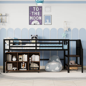 English Elm Twin Metal Loft Bed with Stairs and Six Storage Cubbies, Sturdy Metal Slat Support, Safe Low Design for Kids Black 75.2 L x 17.72 W x 9.45 H W2593P305749