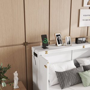English Elm Murphy Cabinet Queen Bed Solid Pine Frame with Built-in Charging Station for Guest Rooms White W504S00164