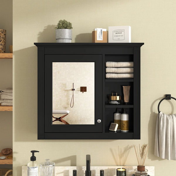 English Elm 30'' Modern Medicine Cabinet with Mirror and Adjustable Shelves, MDF Wall-Mounted Bathroom Storage Solution Black N710P192495B